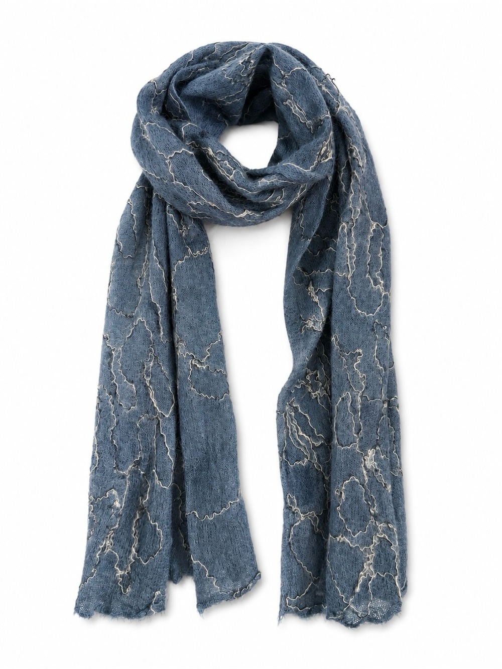 Blue Mohair-Like Open Knit Abstract Textured Scarf Wrap 72” x 14”